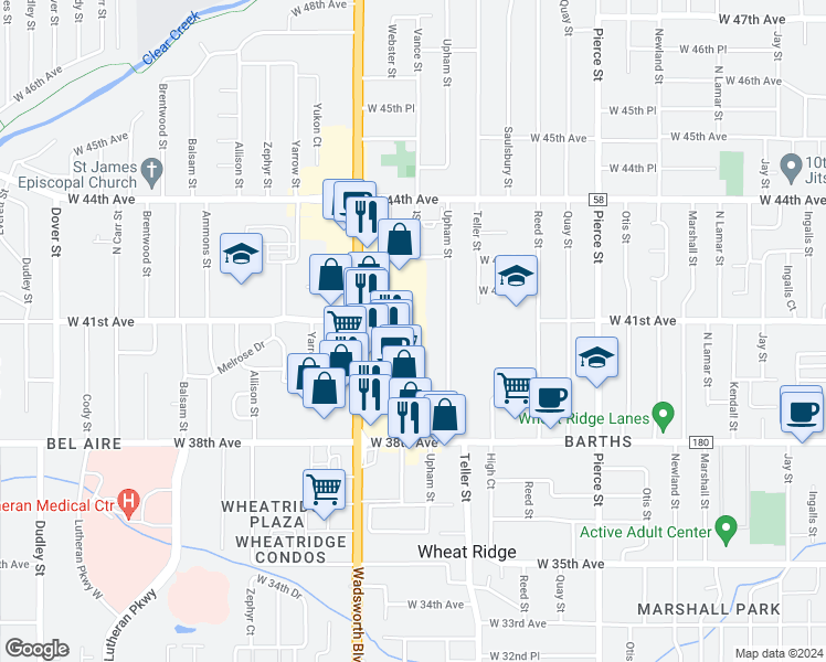 map of restaurants, bars, coffee shops, grocery stores, and more near 4100 Wadsworth Boulevard in Wheat Ridge