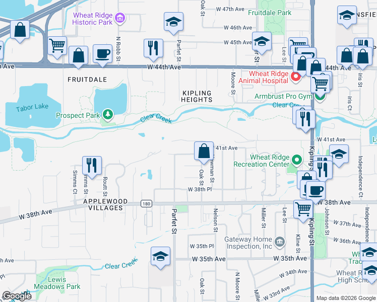 map of restaurants, bars, coffee shops, grocery stores, and more near 10875 West 41st Avenue in Wheat Ridge