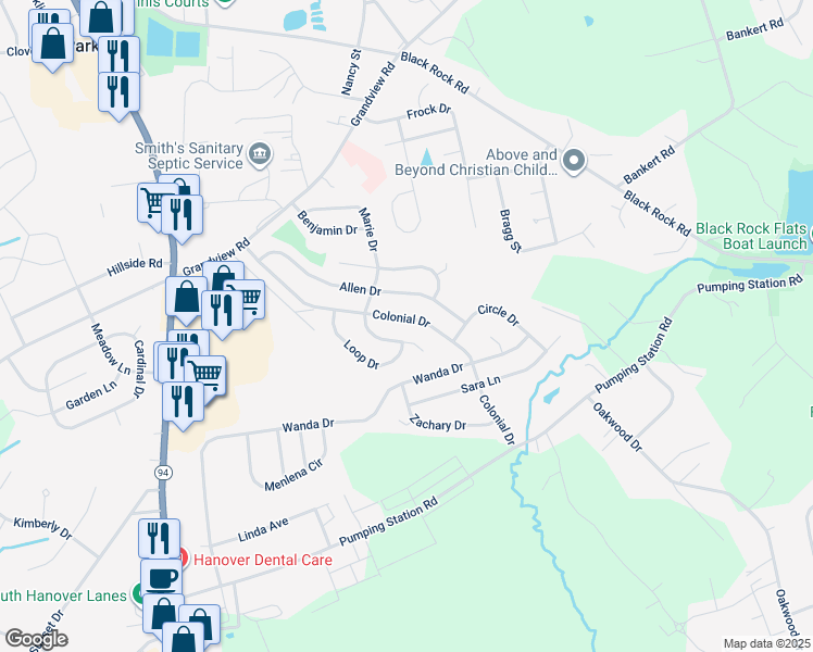 map of restaurants, bars, coffee shops, grocery stores, and more near 43 Colonial Drive in Hanover