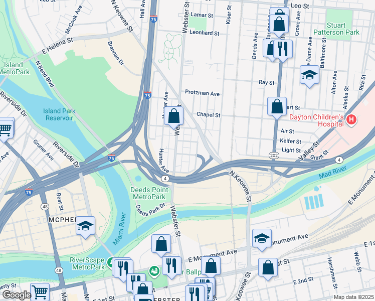 map of restaurants, bars, coffee shops, grocery stores, and more near 748 Webster Street in Dayton