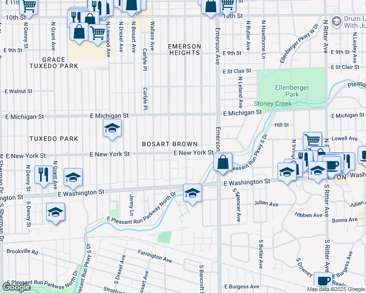 map of restaurants, bars, coffee shops, grocery stores, and more near 4918 East New York Street in Indianapolis