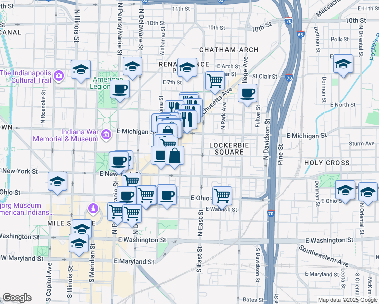 map of restaurants, bars, coffee shops, grocery stores, and more near 433 East Vermont Street in Indianapolis