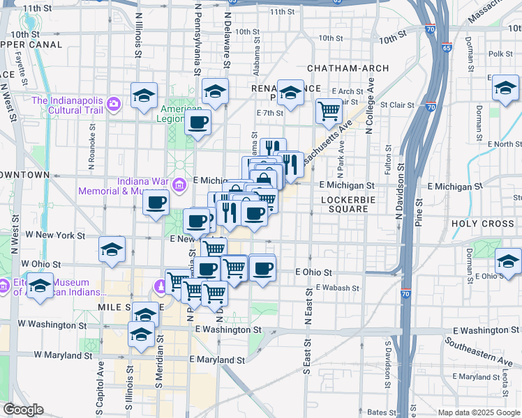 map of restaurants, bars, coffee shops, grocery stores, and more near 412 North Alabama Street in Indianapolis