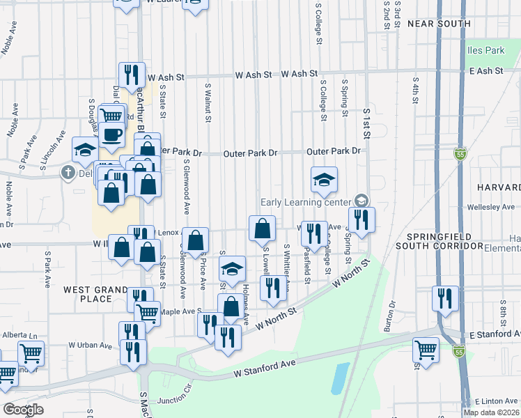map of restaurants, bars, coffee shops, grocery stores, and more near 2508 South Lowell Avenue in Springfield