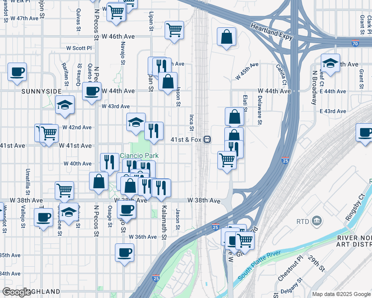 map of restaurants, bars, coffee shops, grocery stores, and more near 4055 Inca Street in Denver