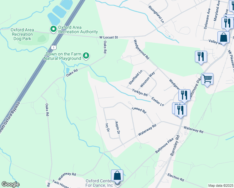 map of restaurants, bars, coffee shops, grocery stores, and more near 512 Colchester Drive in Oxford