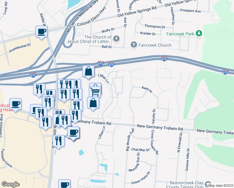 map of restaurants, bars, coffee shops, grocery stores, and more near 2768 Lillian Lane in Dayton