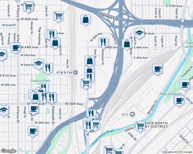 map of restaurants, bars, coffee shops, grocery stores, and more near 4055 Elati Street in Denver