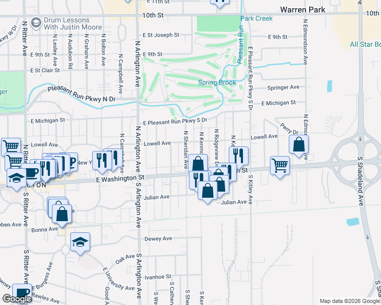 map of restaurants, bars, coffee shops, grocery stores, and more near 41 North Sheridan Avenue in Indianapolis