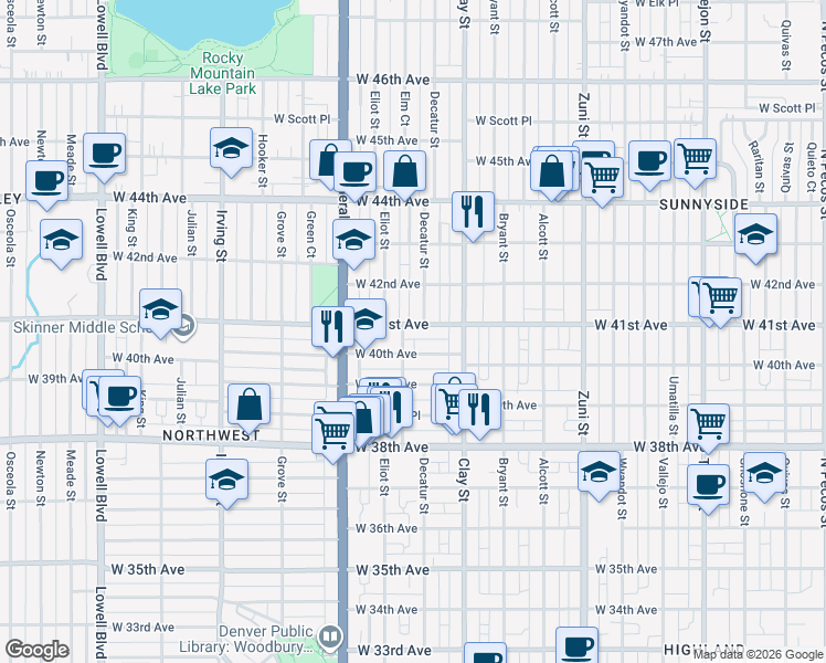 map of restaurants, bars, coffee shops, grocery stores, and more near 2776 West 41st Avenue in Denver