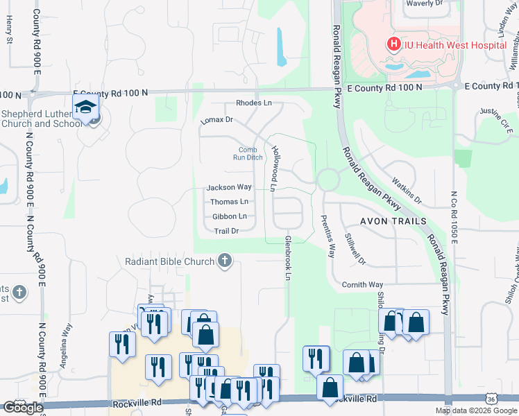 map of restaurants, bars, coffee shops, grocery stores, and more near 613 Helm Drive in Avon