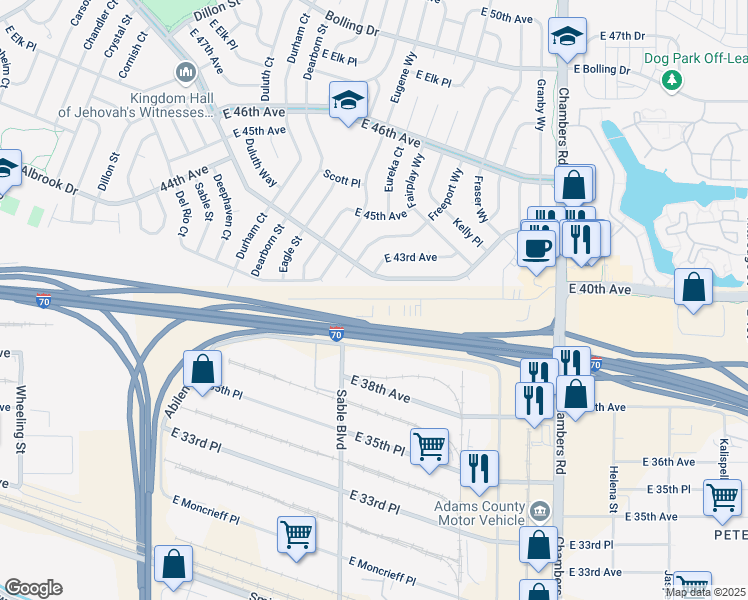 map of restaurants, bars, coffee shops, grocery stores, and more near 9950 East 40th Avenue in Denver