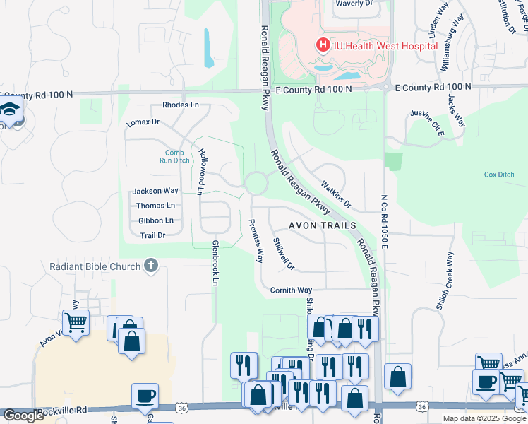 map of restaurants, bars, coffee shops, grocery stores, and more near 10146 Stillwell Drive in Avon
