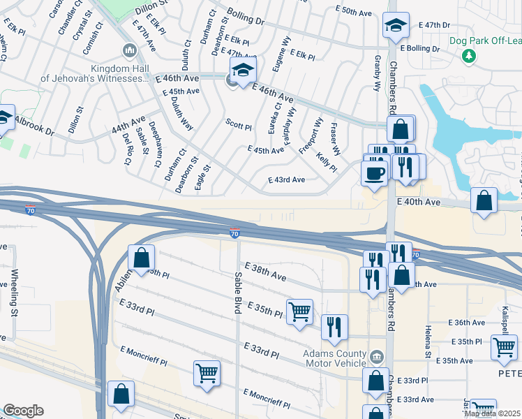 map of restaurants, bars, coffee shops, grocery stores, and more near 9950 East 40th Avenue in Denver
