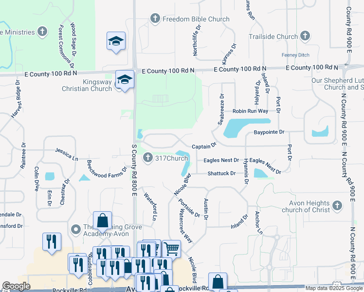 map of restaurants, bars, coffee shops, grocery stores, and more near 8227 Captain Drive in Avon