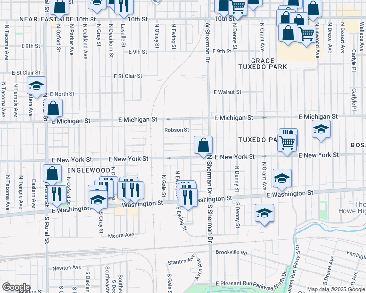 map of restaurants, bars, coffee shops, grocery stores, and more near 3619 East Vermont Street in Indianapolis