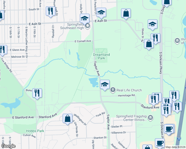 map of restaurants, bars, coffee shops, grocery stores, and more near 2423 Taylor Avenue in Springfield
