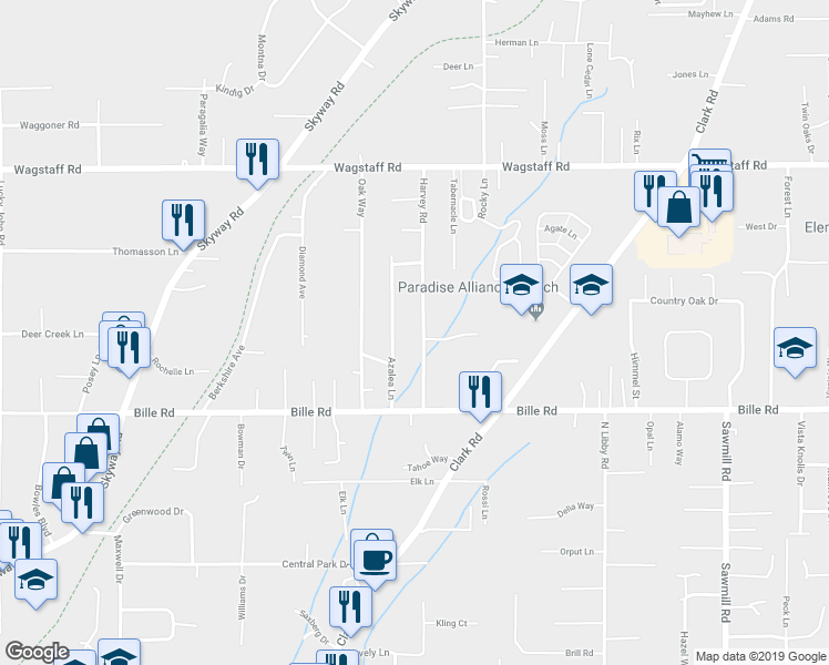 map of restaurants, bars, coffee shops, grocery stores, and more near 6261 Harvey Road in Paradise