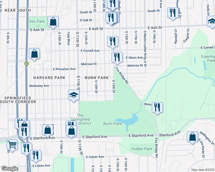 map of restaurants, bars, coffee shops, grocery stores, and more near 2425 South 14th Street in Springfield