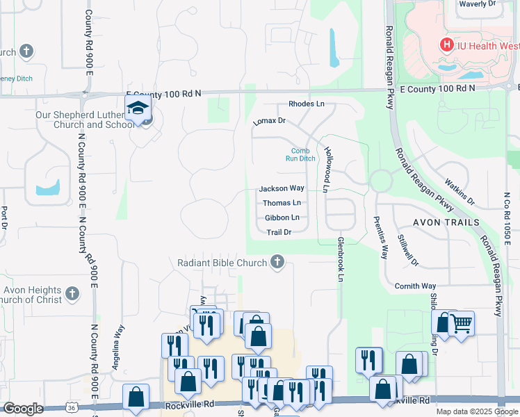map of restaurants, bars, coffee shops, grocery stores, and more near 614 Springtree Lane in Avon