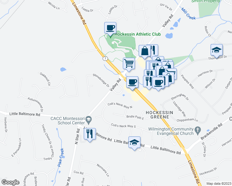 map of restaurants, bars, coffee shops, grocery stores, and more near 16 Emandan Lane in Hockessin