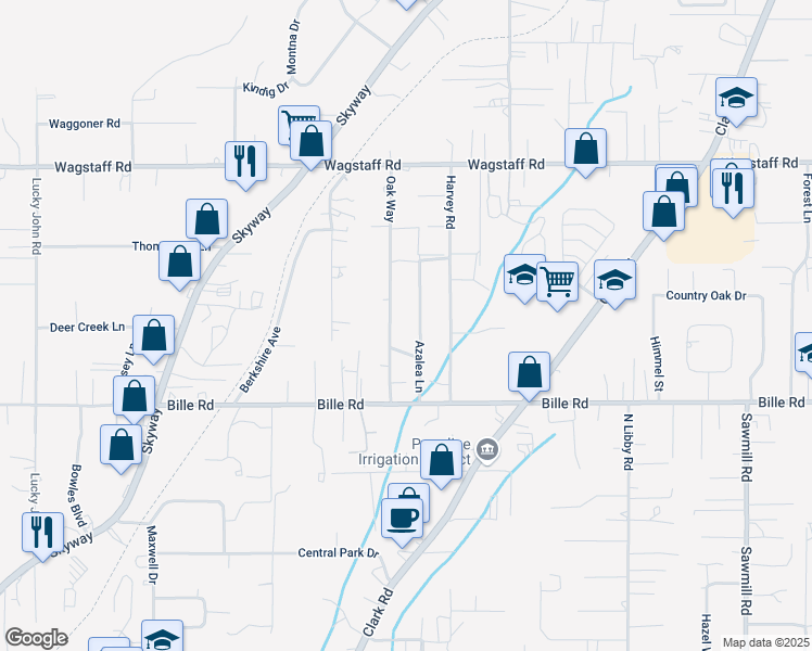 map of restaurants, bars, coffee shops, grocery stores, and more near 6265 Azalea Ln in Paradise