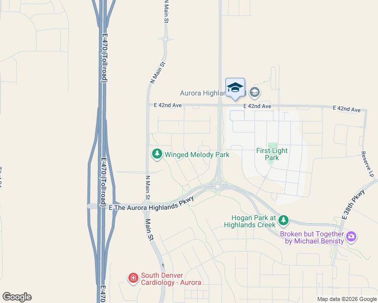 map of restaurants, bars, coffee shops, grocery stores, and more near 23850 East 42nd Avenue in Aurora