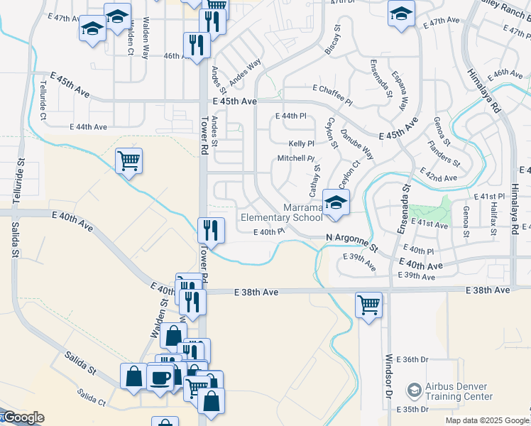 map of restaurants, bars, coffee shops, grocery stores, and more near 18670 East 41st Avenue in Denver