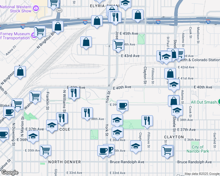 map of restaurants, bars, coffee shops, grocery stores, and more near in Denver