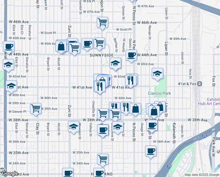 map of restaurants, bars, coffee shops, grocery stores, and more near 1930 West 41st Avenue in Denver