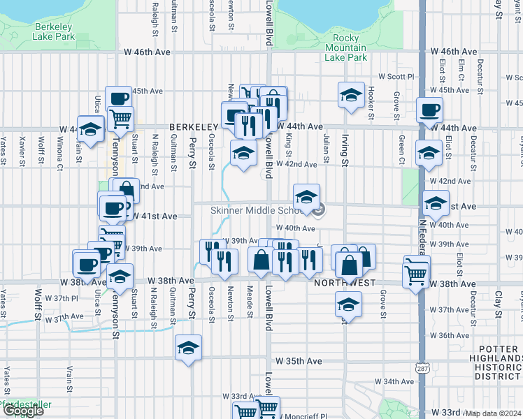 map of restaurants, bars, coffee shops, grocery stores, and more near 4022 Lowell Boulevard in Denver