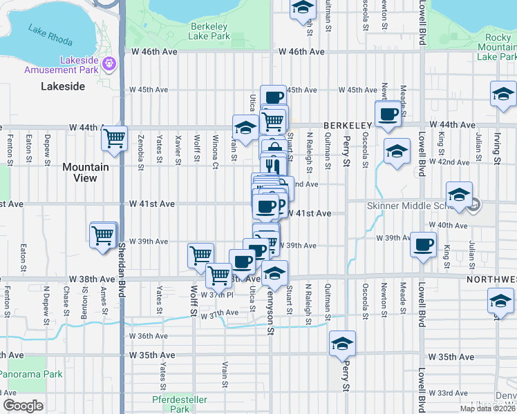 map of restaurants, bars, coffee shops, grocery stores, and more near 3976 Utica Street in Denver