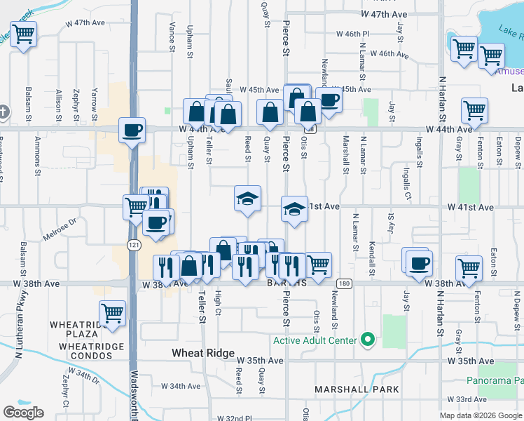 map of restaurants, bars, coffee shops, grocery stores, and more near 4085 Quay Street in Wheat Ridge