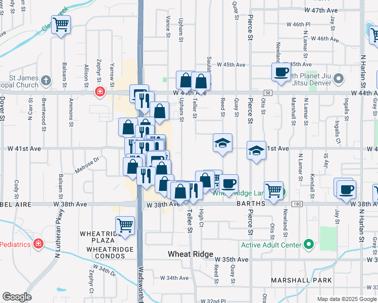 map of restaurants, bars, coffee shops, grocery stores, and more near 4057 Upham Street in Wheat Ridge