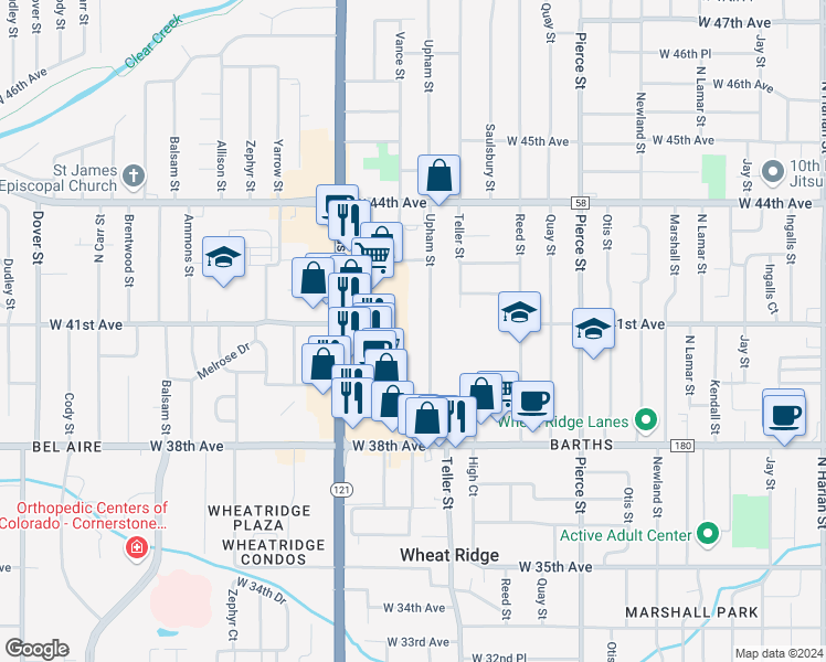 map of restaurants, bars, coffee shops, grocery stores, and more near 4057 Upham Street in Wheat Ridge