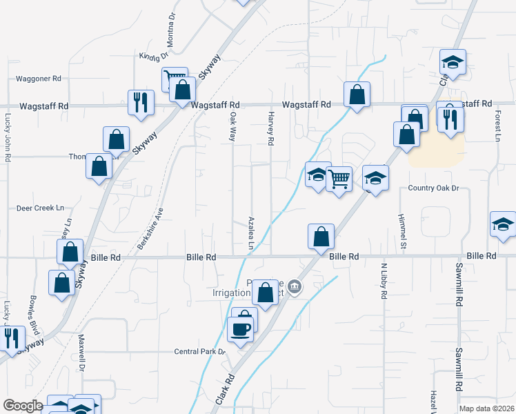 map of restaurants, bars, coffee shops, grocery stores, and more near 6265 Azalea Lane in Paradise