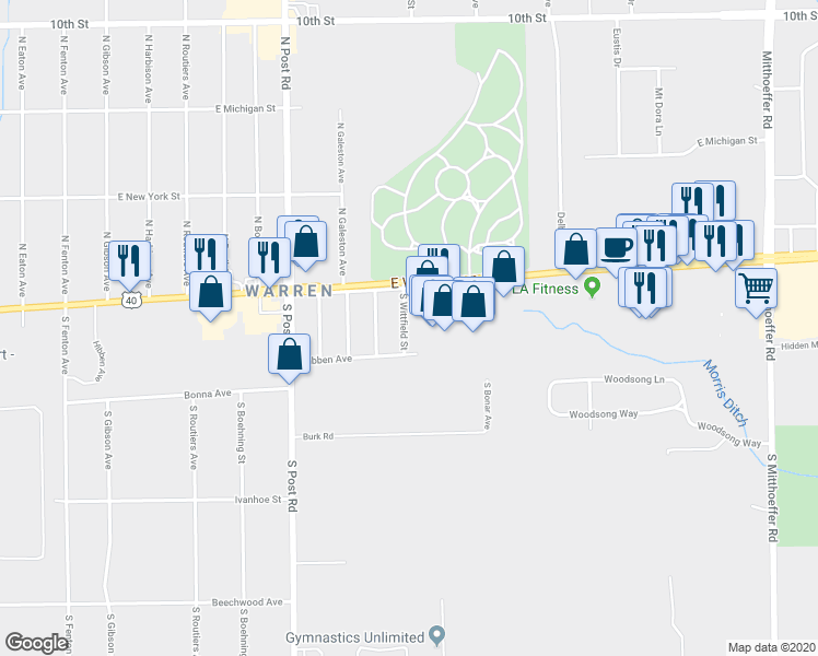 map of restaurants, bars, coffee shops, grocery stores, and more near 135 South Wittfield Street in Indianapolis