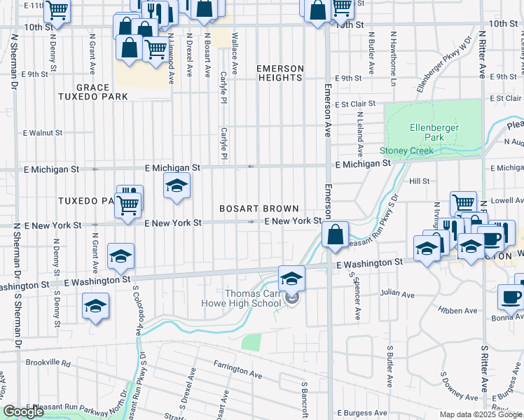 map of restaurants, bars, coffee shops, grocery stores, and more near 4918 East New York Street in Indianapolis