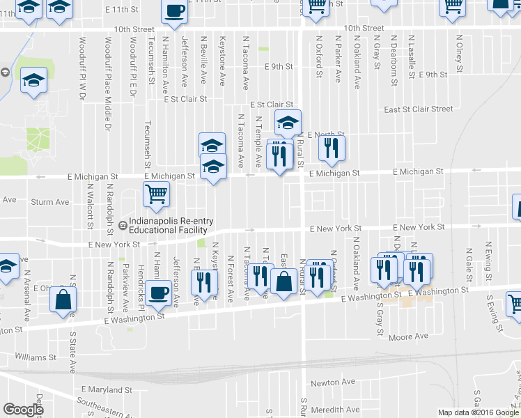 map of restaurants, bars, coffee shops, grocery stores, and more near 325 North Tacoma Avenue in Indianapolis