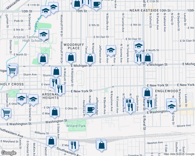 map of restaurants, bars, coffee shops, grocery stores, and more near 349 Jefferson Avenue in Indianapolis
