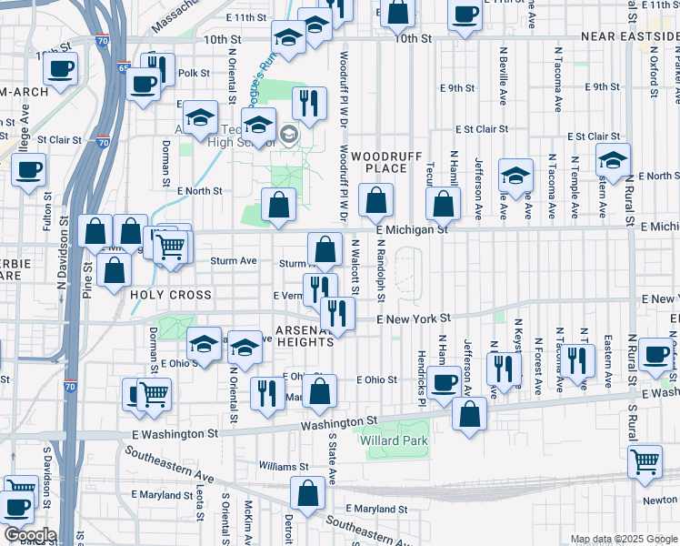 map of restaurants, bars, coffee shops, grocery stores, and more near 424 North Walcott Street in Indianapolis
