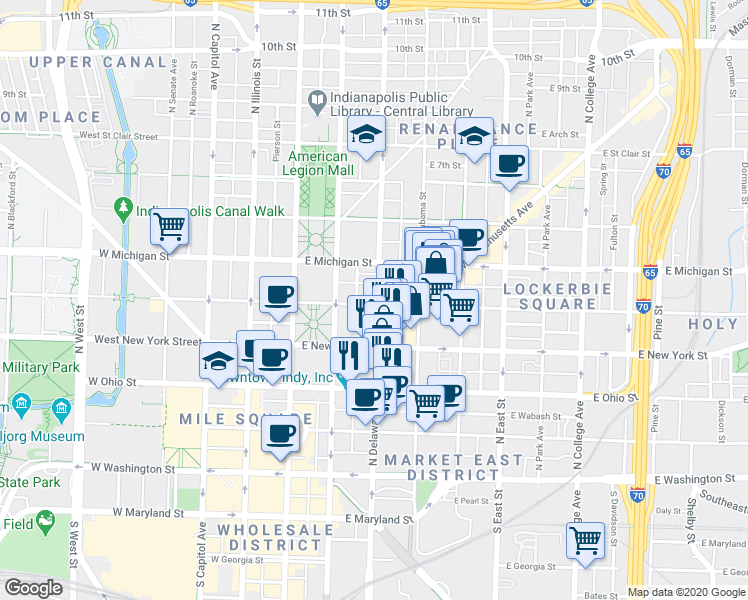 map of restaurants, bars, coffee shops, grocery stores, and more near 325 North Delaware Street in Indianapolis