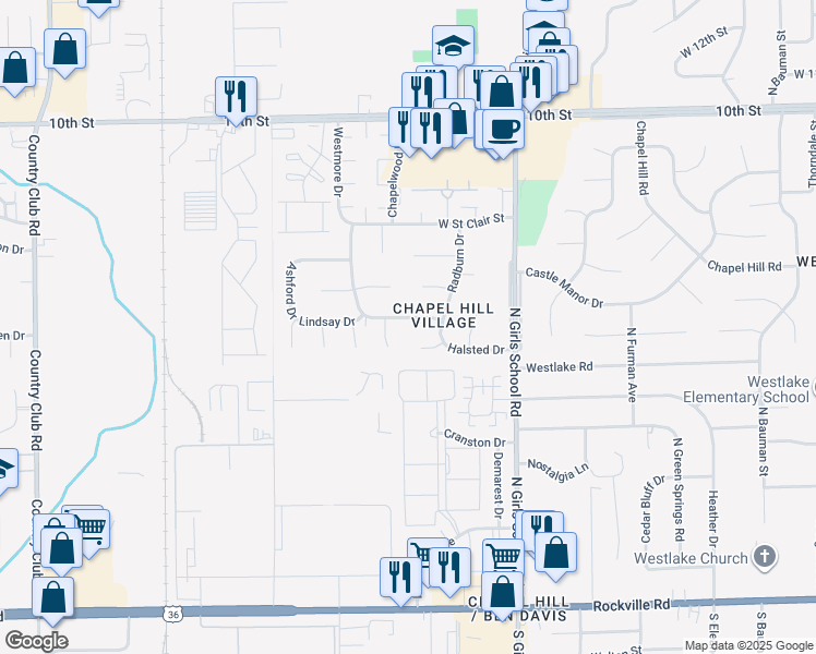 map of restaurants, bars, coffee shops, grocery stores, and more near 7504 Halsted Drive in Indianapolis