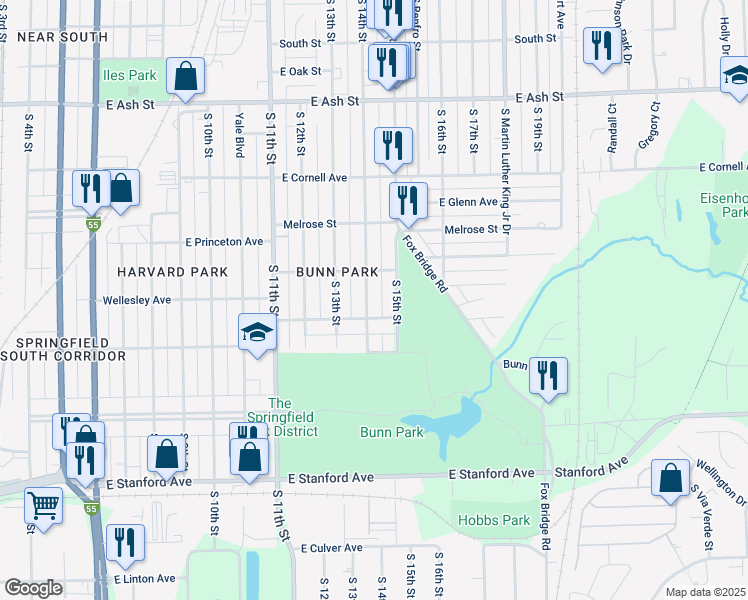 map of restaurants, bars, coffee shops, grocery stores, and more near 2425 South 14th Street in Springfield