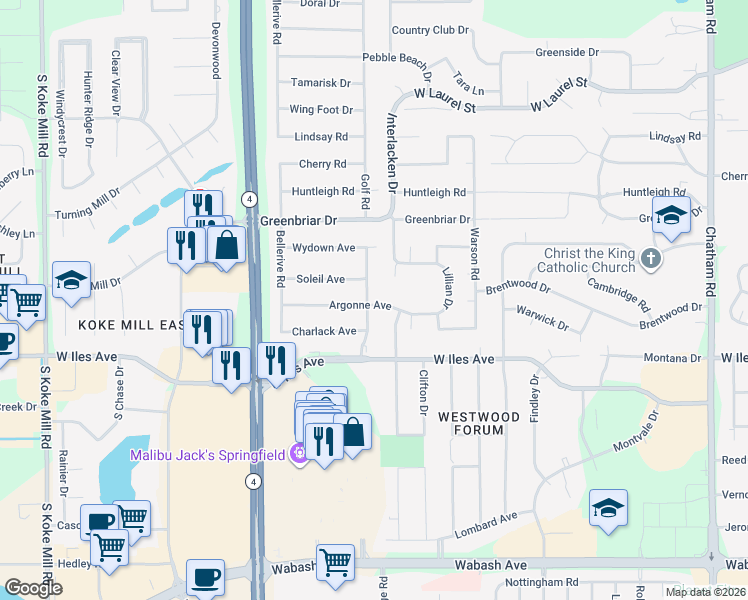 map of restaurants, bars, coffee shops, grocery stores, and more near 2406 Argonne Avenue in Springfield