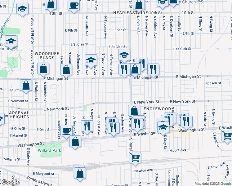 map of restaurants, bars, coffee shops, grocery stores, and more near 326 Eastern Avenue in Indianapolis
