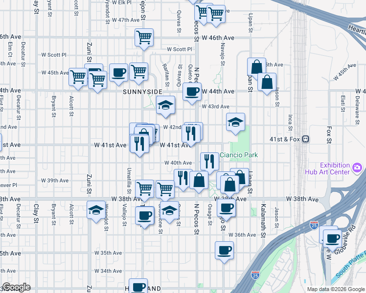 map of restaurants, bars, coffee shops, grocery stores, and more near 1762 West 41st Avenue in Denver