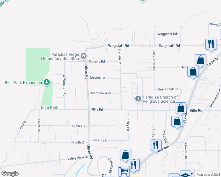 map of restaurants, bars, coffee shops, grocery stores, and more near 723 Madrone Way in Paradise