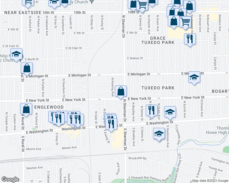 map of restaurants, bars, coffee shops, grocery stores, and more near 3701 East Vermont Street in Indianapolis