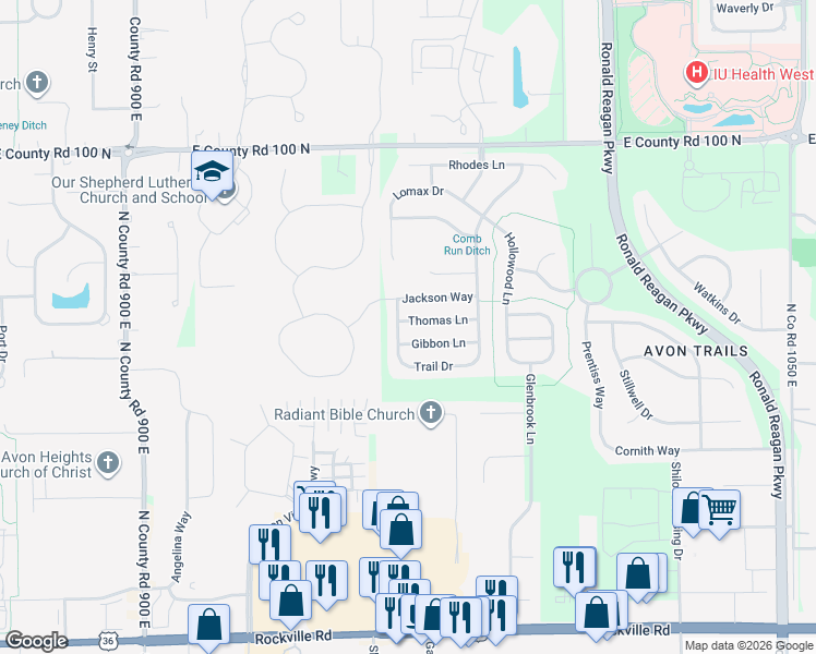 map of restaurants, bars, coffee shops, grocery stores, and more near 9665 Thomas Lane in Avon